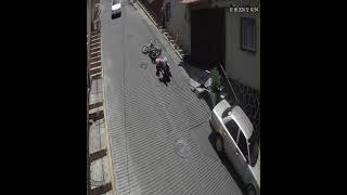 Biker and Pillion Rider Fall Off as Motorcycle Rolls Backwards Downhill  1512919 [upl. by Merle570]