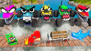 5 MONSTER TRUCKS vs SHARK with Long Slide Game  BeamNGDrive 37 [upl. by Ruphina]