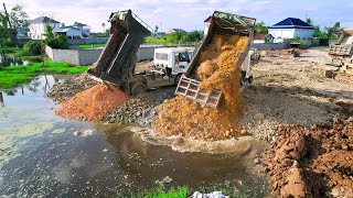 Launches New project by Dozer KOMATSU D21A Push the soil stone delete pond With rubbish in pond [upl. by Rube]