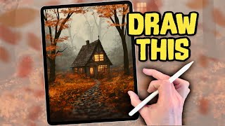 PROCREATE Landscape DRAWING Tutorial in EASY steps  Fall Autumn woods Cottage [upl. by Lyndy]