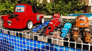 Disney Pixar Cars falling into deep pool Lightning McQueen Tow Mater Mack Sally Francesco [upl. by Aifas]