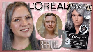 LOREAL PREFERENCE SMOKEY GREY Hair Dye Colour Review Blonde to Dark Grey  Clare Walch [upl. by Jak]