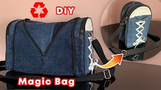 DIY 2in1 Convertible Bag from Recycled Jeans  Duffle and Crossbody Bag [upl. by Yremogtnom]