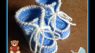 Голубые пинетки спицами Часть 1продолжениеknitting booties for the baby [upl. by Attenyt]