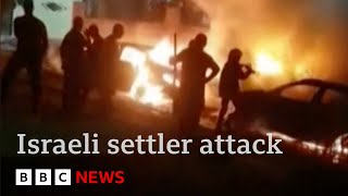 Israeli settlers burn Palestinian West Bank village in mass attack  BBC News [upl. by Dorca]