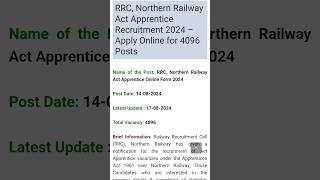 RRC Northern Railway Act Apprentice Recruitment 2024  Apply Online for 4096 Posts [upl. by Glarum]