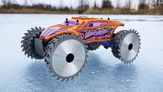 EXPERIMENT  Mega Saws Instead Of Wheels On a Very Fast 60KMh RadioControlled Car [upl. by Godric]