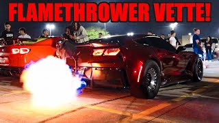 INSANE CORVETTE Z06 RACECAR SHOOTS 8 FOOT FLAMES AT CAR MEET CAR MEET TURNS TO CHAOS [upl. by Neelloj]