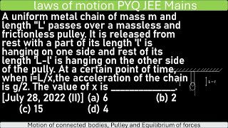 A uniform metal chain of mass m and length quotL passes over a massless and frictionless pulley It is [upl. by Anawd]