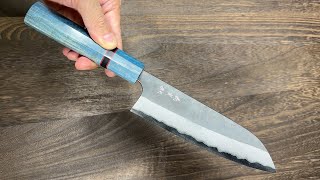 Yoshimi Kato Aogami Super Clad Kurouchi Santoku Knife 170mm with Stabilized Wood Handle Light Blue [upl. by Xirdnek]