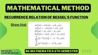 Recurrence Relations of Bessels Function with their proof  Mathematical Method [upl. by Suoiluj513]