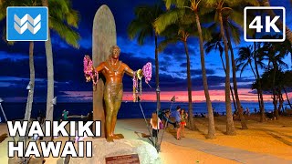 4K Waikiki Beach at Night in Honolulu Hawaii USA Walking Tour amp Travel Vacation Guide Kalakaua [upl. by Drofdarb297]