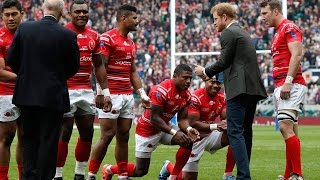 Rugby Players kneel before Prince Harry at Twickenham [upl. by Nilloc315]