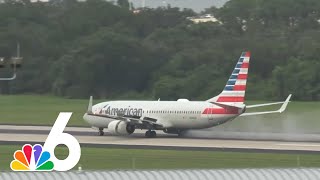 WATCH American Airlines plane tire EXPLODE during takeoff in Florida [upl. by Ardnoik146]