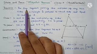 State and Prove The Midpoint Theorem class 9 Quadrilaterals [upl. by Aihsel]