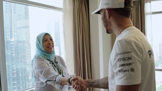 A Special Surprise Lewis Hamilton Meets F1 Super Fan Aunty Min [upl. by Ahsenav]