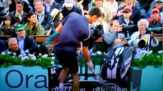 Novak Djokovic smashes Perrier sign at 2012 French Open [upl. by Rephotsirhc]