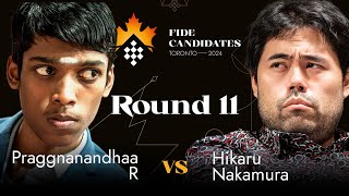 Round 11  Praggnanandhaa R vs Hikaru Nakamura  FIDE Candidates 2024 [upl. by Adilem864]