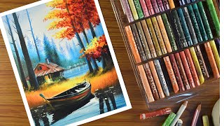 Oil Pastel Landscape Drawing  step by step  Forest cabin scenery Painting with Oil Pastel [upl. by Nwahsav927]