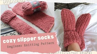 Cozy Slipper Socks  Beginner Knitting Pattern \\ Two needle flat socks [upl. by Bonis]