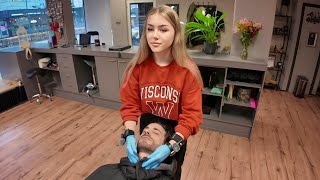 💈Blondie Lady Barber Gives Perfect Beard Trim The Netherlands 🇳🇱 [upl. by Maisey]