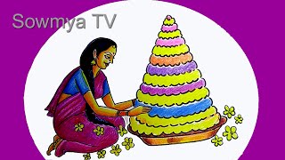 bathukamma Drawing  How to Draw Telangana Women Making Bathukamma Step by step Easy drawing [upl. by Einnob]