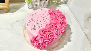 Cascading Pipped Rosette in Cake Idea  HalfMoon Decoration  Pink Rosette in Pink Cake Design fyp [upl. by Atalee]