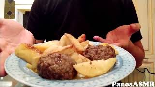 Eating Greek Roasted Burgers with potatoes 5  Panos ASMR Greek Mukbang [upl. by Ainoek]