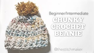 BeginnerIntermediate Chunky Crochet Beanie  thestitchmaker [upl. by Elyl930]