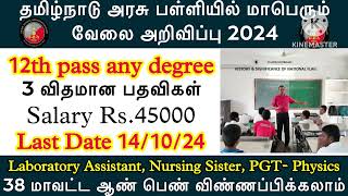 🔥தமிழக அரசு பள்ளியில் வேலை அறிவிப்பு  TN Govt school Jobs 2024 TN govt job 2024 in Tamil 12th pass [upl. by Atiuqehs]