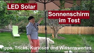 ✅Günstiger UV LED Solar Sonnenschirm mit Solarlampen Beleuchtung LZQ wasserabweisend Review deutsch [upl. by Lula]