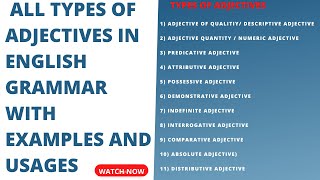 All types of Adjectives in English grammar with examples and usages [upl. by Eihpos]