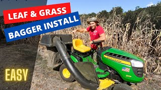 John Deere 100 series BAGGER INSTALL works awesome for leafs and grass [upl. by Eimar]