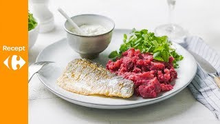 Rode bietenpuree met zeebaarsfilet en mosterddressing [upl. by Aicined]