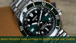 Closer Look At The New Seiko Prospex 200M Automatic Diver Scuba GMT Green Ref SBEJ009SPB381J1 [upl. by Aynekal897]