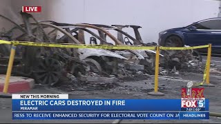 Electric vehicles catch fire at Tesla service center in Miramar [upl. by Atteugram]