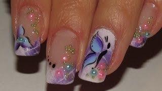 Ombre white and purple Spring fairy Nail Art Video Tutorial flowerbutterfly and pretty pearls [upl. by Lacsap372]