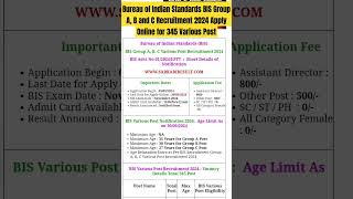 Bureau of Indian Standards BIS Group A B and C Recruitment 2024 Apply Online for 345 Various Post [upl. by Alfonzo]