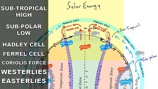 Subtropical high Subpolar low Easterlies Westerlies  Atmospheric circulation  Pressure belts [upl. by Crystal586]