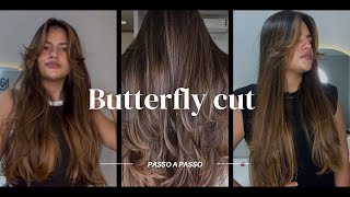 CORTE BUTTERFLY HAIRCUT EM CABELO LONGO  CORTEI SOZINHA [upl. by Hester]