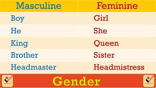 Gender in English Grammar  190 Important Words MasculineFeminineCommonNeuter Opposite Words [upl. by Norrehc]