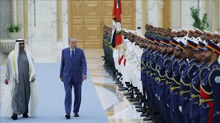 President Erdogan was welcomed with an official ceremony by President Al Nahyan of the UAE [upl. by Grimonia]