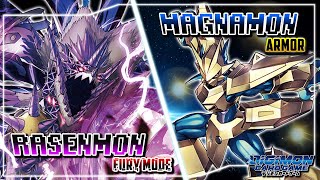 Digimon Card Game  Rasenmon Fury Mode Yellow VS Magnamon Blue BT08 [upl. by Jacquenette]