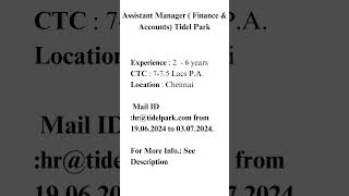 Assistant Manager  Finance amp Accounts Tidel Park [upl. by Tidwell148]