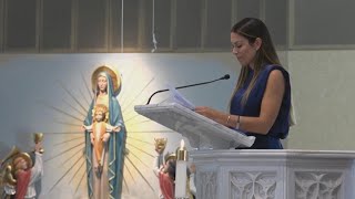 Johnny Gaudreaus widow delivers eulogy reveals shes pregnant with couples third child [upl. by Robert396]