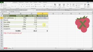 Excel obliczanie ceny brutto z podatkiem VAT [upl. by Lolly]