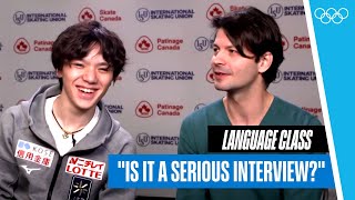 Shoma learns French Stephane Lambiel 🇨🇭 amp Uno Shoma 🇯🇵 teach each other basic figure skating terms [upl. by Gaivn901]