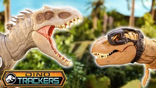 Tyrannosaurus rex Battles the Indominus rex  Jurassic World Dino Trackers [upl. by Ranique]