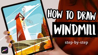 How To Paint a RETRO WINDMILL Landscape in Procreate StepbyStep [upl. by Minda]