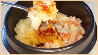 Korean Stone Bowl Cheese Rice  Dolsot Cheese Rice  Simple Recipe [upl. by Enaoj]